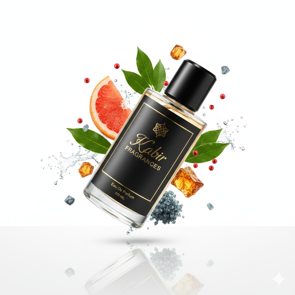 Kabir Fragrances perfume bottle with grapefruit, leaves, and crystals on a white background