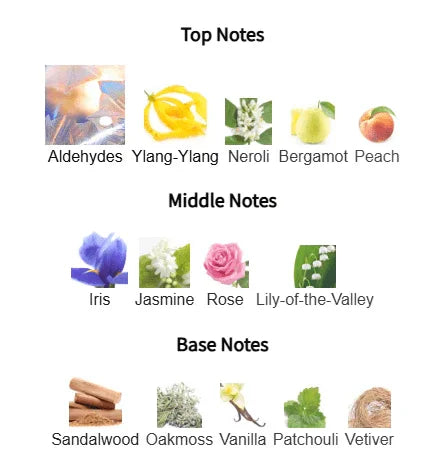 Top, middle, and base notes of women's floral aldehyde perfume: Aldehydes, Ylang-Ylang, Jasmine, Sandalwood, and more.
