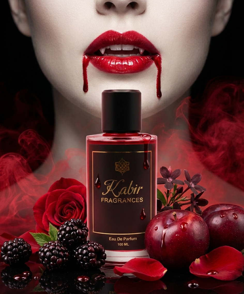 Kabir Fragrances vampire kiss vampire blood perfume bottle with red roses, blackberries, and plums on a dark background